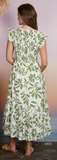 Floral Leaf Print Smocked Mock Button Midi Dress