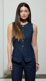 Round Neck Button Down Sleeveless Denim Vest - Denim