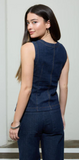 Round Neck Button Down Sleeveless Denim Vest - Denim