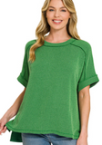 Raised Rib Cuff Sleeve Raw Edge Top