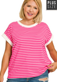 Curvy Contrast Trim Cap Sleeve Stripe Tee
