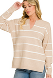 Viscose Split Neck Striped Sweater