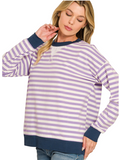 Striped Rib Banded Long Sleeve Pullover