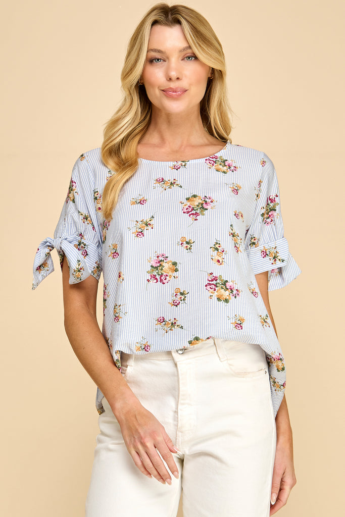 Bow Sleeve Striped Floral Top