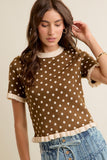 Polka Dot Ruffled Short Sleeves Sweater Knit Top