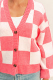 Pink Checkered Button Front Cardigan