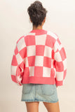 Pink Checkered Button Front Cardigan