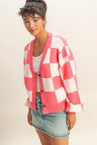 Pink Checkered Button Front Cardigan