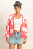 Pink Checkered Button Front Cardigan